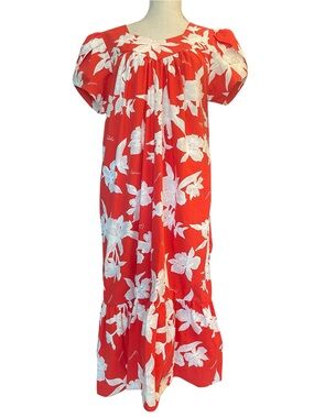 Vintage Women’s Muumuu Size Medium Red & White Floral Print Made in Hawai’i